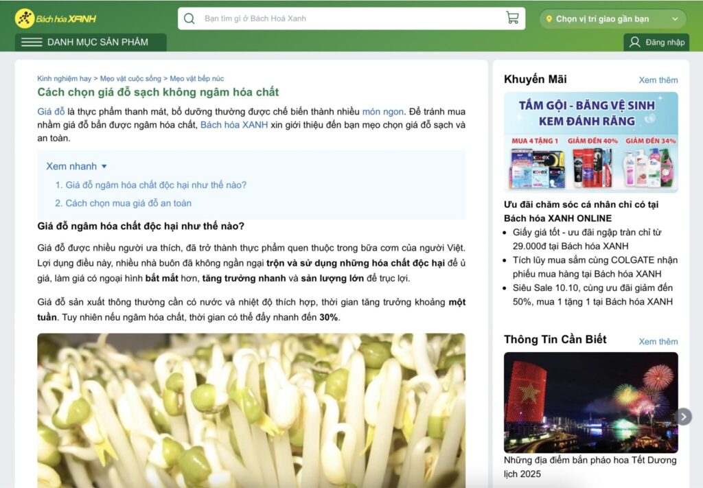 Bách Hoá Xanh từng viết bài chỉ cách phân biệt và chọn giá đỗ không hoá chất như thế nào?