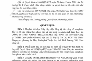 Thu hồi giấy công bố 18 sản phẩm Abbott Healthcare Việt Nam
