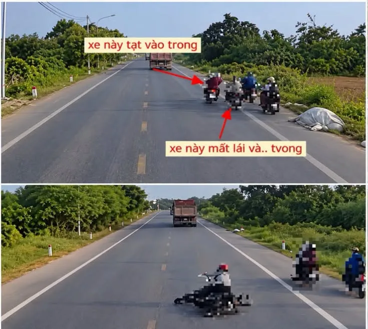 Xe máy bị tạt đầu rồi mất lái đúng lúc xe oto từ sau tới tvonq tại chỗ